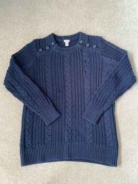 LL Bean Navy Cable Knit Button-Shoulder Sweater. Size Medium. NWOT.